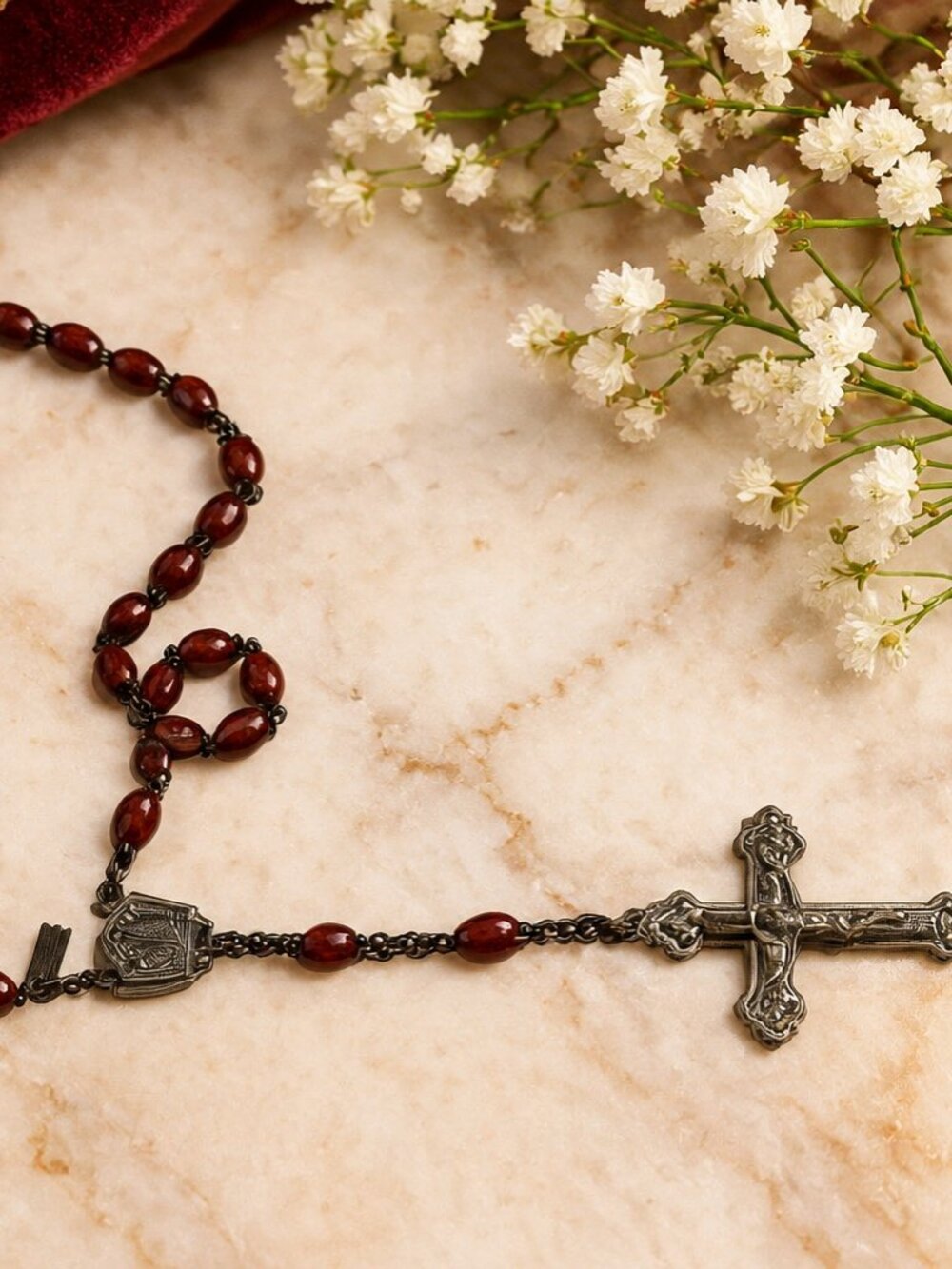 Vintage Italian Catholic Rosary Burgundy Beads Silver Tone Crucifix Religious P